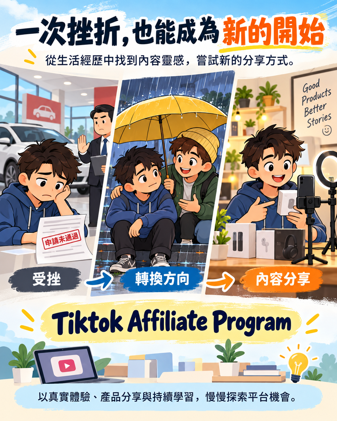 从购车申请受挫、雨中得到朋友支持,到尝试创作产品分享内容的插画;包含 Tiktok Affiliate Program 字样